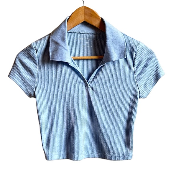 Aeropostale Crop Medium Ribbed Short Sleeve with Collar Baby Blue Knitted Top - Picture 1 of 5